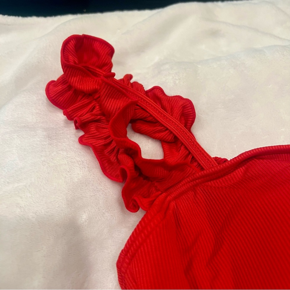 Tummy Control Square Neck Red Ribbed Swimsuit Adjustable ruffle strap ❤️ - Picture 3 of 9